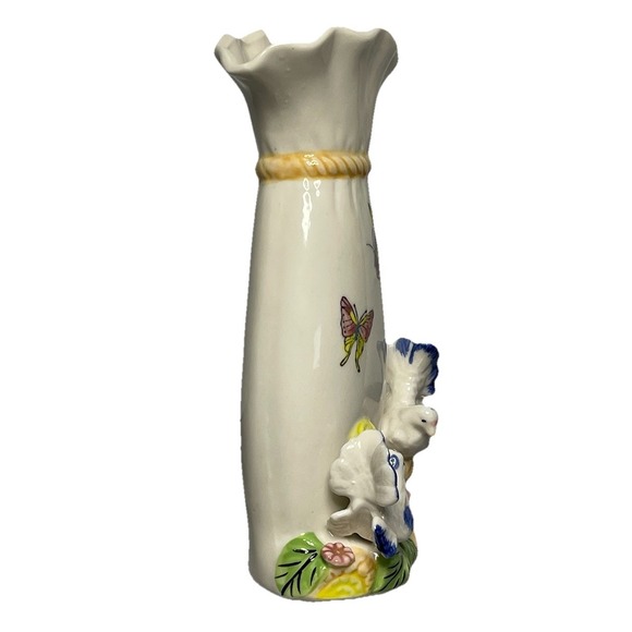 Vintage Ceramic Vase Butterflies White Doves Pink Rose Floral Raised Relief 9" - Picture 4 of 8
